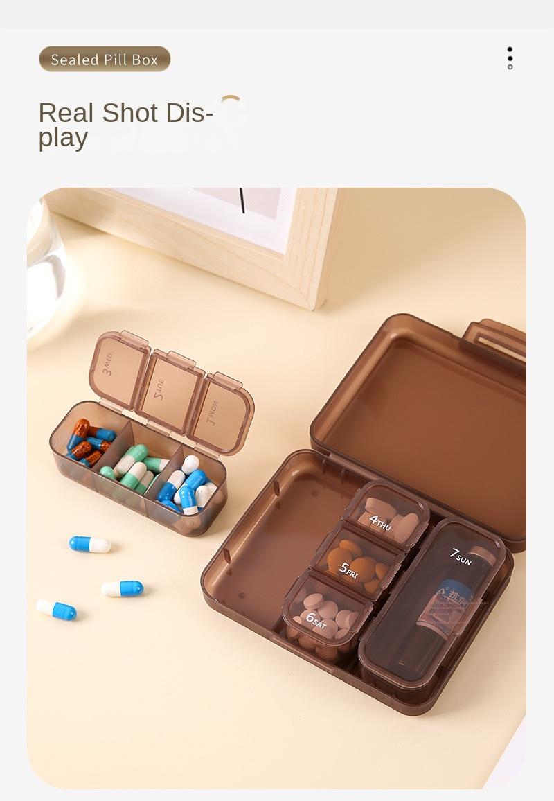 Product Introduction of 7-compartment medicine box set, portable portable travel pill storage box, 7-day storage small medicine box 12
