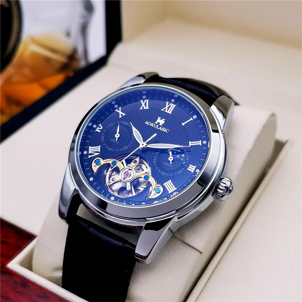 Automatic Mechanical Watch Men's Moon Phase Waterproof Skeleton Tourbillon Hollow High-End Leather Watch Luminous Waterproof Butterfly BuckleAutomatic Mechanical Fashion Classic Watch