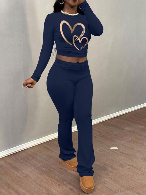 Women's Heart Print Long Sleeve Crop Tee & Flare Leg Pants Two-piece Set, Casual Fashion Round Neck Top & Bell Bottom Trousers for Daily Outdoor Wear, Women's Clothing for Fall & Winter 5
