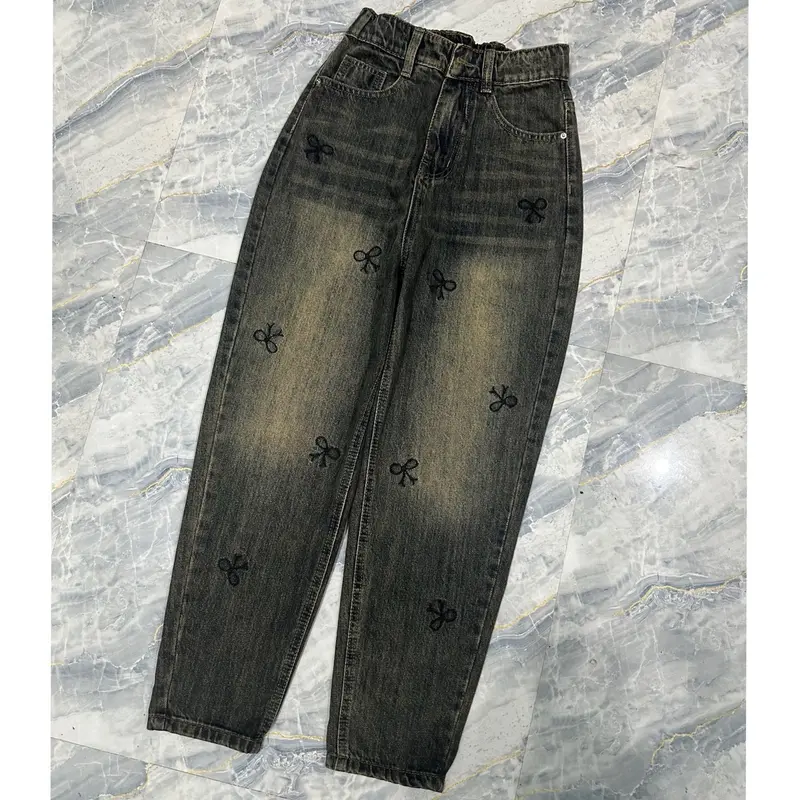 [003] Quần Jeans Baggy QC Lưng Chun Thêu Nơ Trơn Không Co Giãn 5