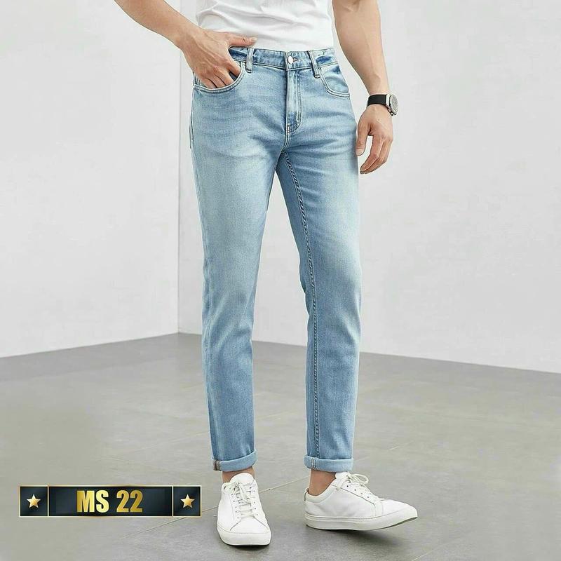 Quần jean nam xanh nhạt phối xước nhẹn Menswear Pants quanjeans  namsale Có Túi 0