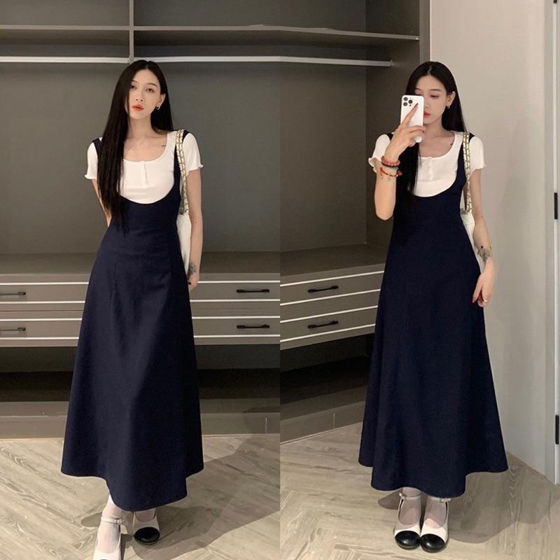 Set yếm váy dài chiết eo kèm áo thun gân tăm cài cúc cộc tay phong cách Hàn Quốc