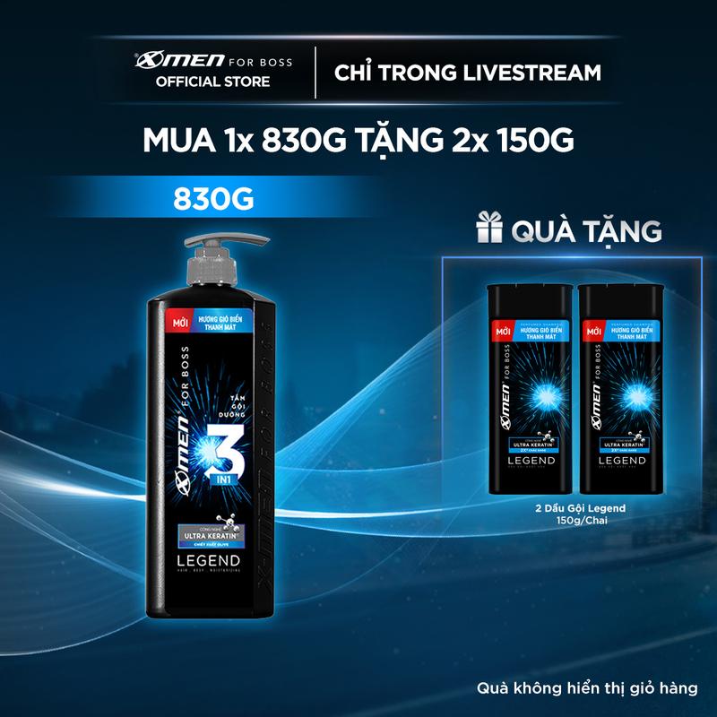 [COMBO MUA 1 ĐƯỢC 3] Sữa Tắm Gội Dưỡng 3in1 Xmen for Boss Legend 830g + Tặng 2 chai Dầu gội Legend 150g - Hương nước hoa châu Âu