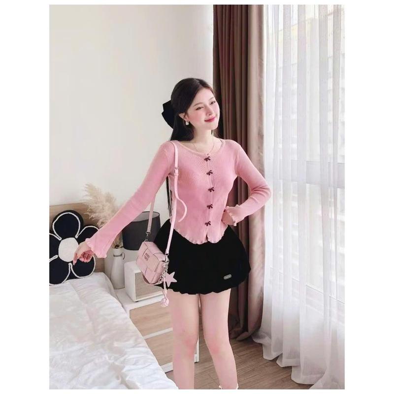 Áo thun đính nơ tay dài loe thời trang dành cho nữ 50-90kg - Un In Bs054 Top Voan Women 1