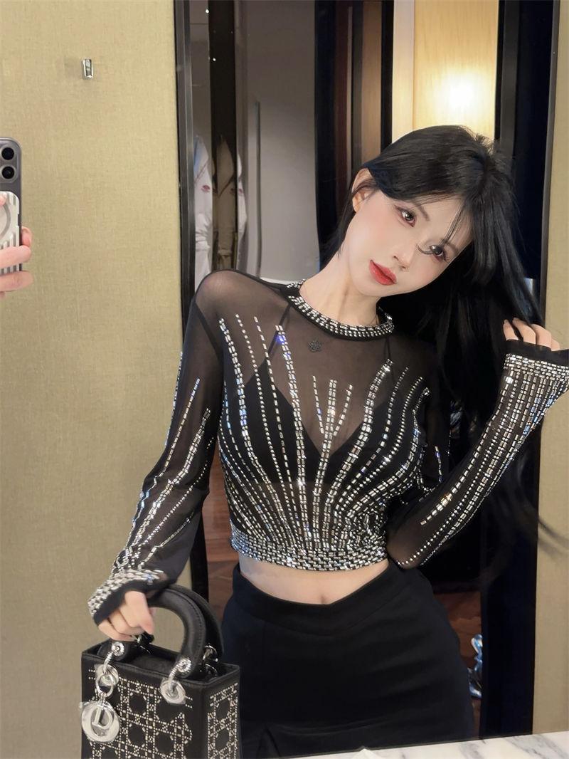 Product Introduction of Affordable Luxury Style Heavy Embroidery Hot Drilling Slim-Fit Short Long Sleeve Bottoming Shirt American Sexy See-through Sweet Cool Girl Mesh T-shirt Women 17