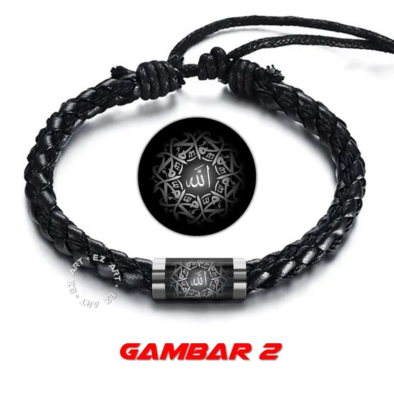 GELANG SIMPLE LAFADZ TAUHID ALLAH MUHAMMAD ISLAM MUSLIM TALI KULIT KEPANG GAMBAR KACA EPOXY TABUNG STAINLESS STEEL 3