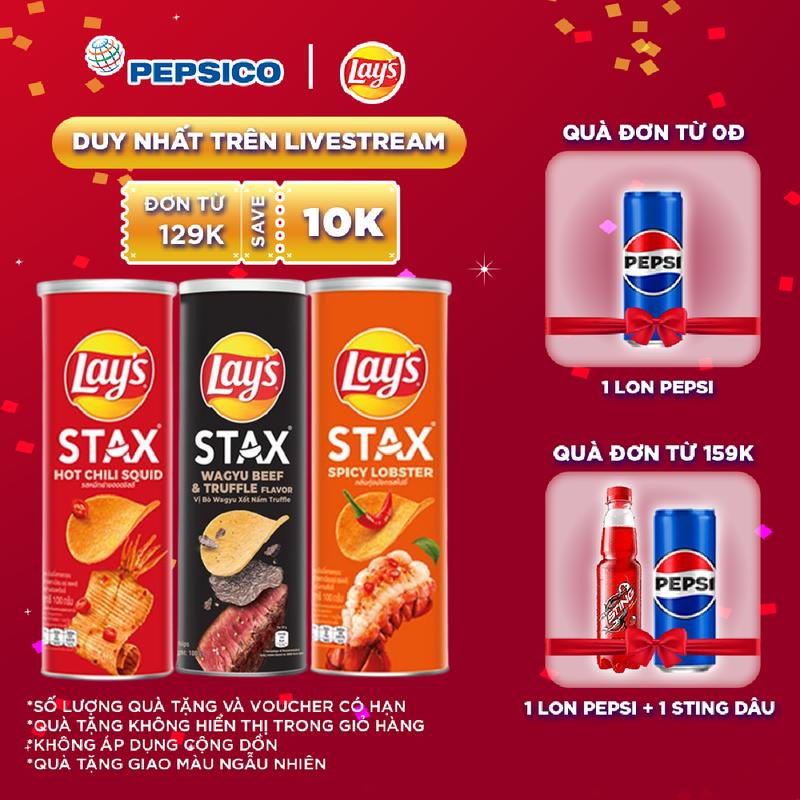 Combo 3 Snack Lay's Stax 100G (Mực Sốt Cay, Tôm Hùm nướng ngũ vị, Bò Wagyu Xốt Nấm Truffle) Ăn Vặt