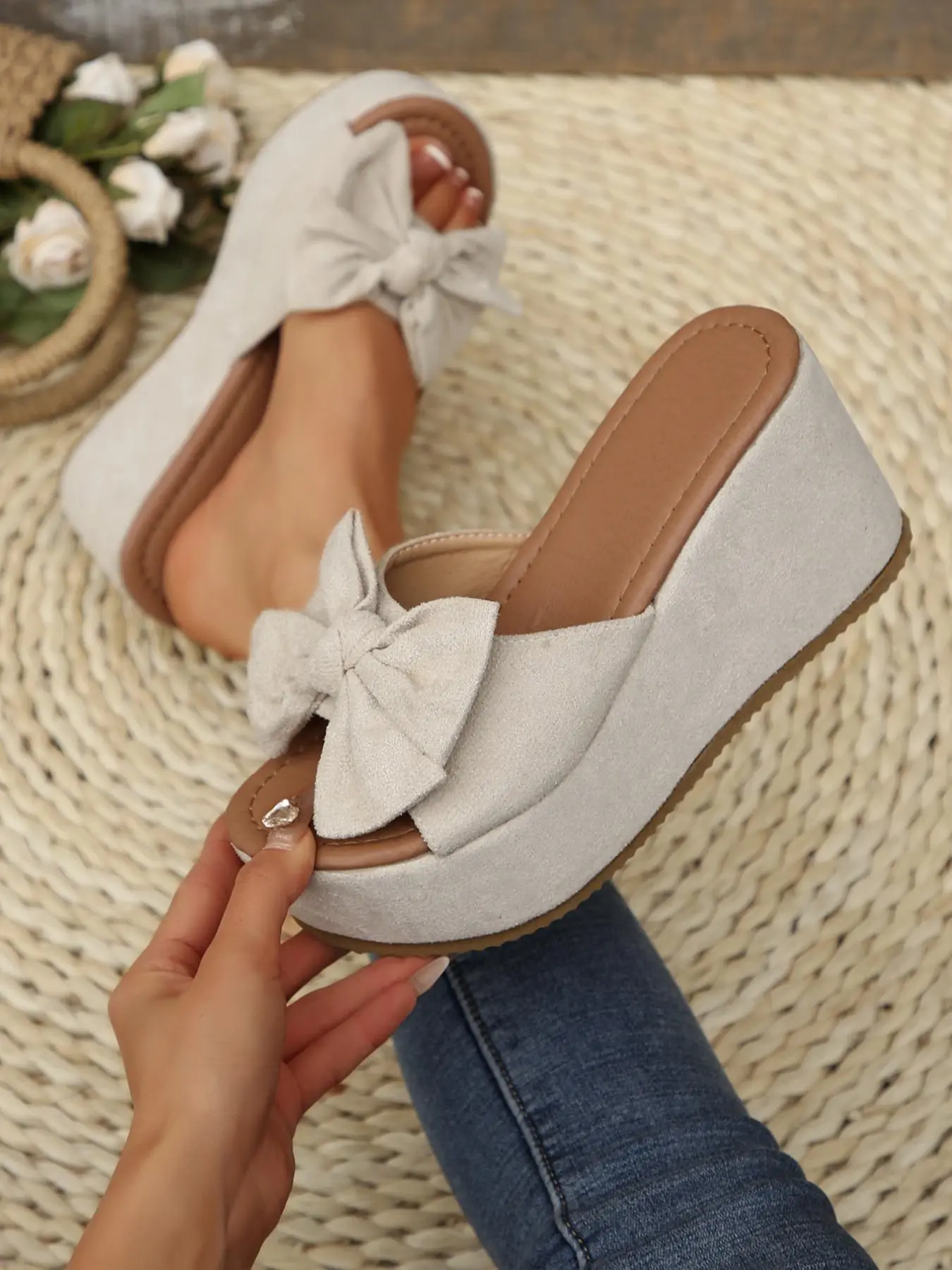 Women's Fashionable Bowknot Design Wedge Sandals, Casual Comfortable Platform Sandals for Summer, Female All-match Round Toe Breathable Sandals for Daily Wear, Shoe