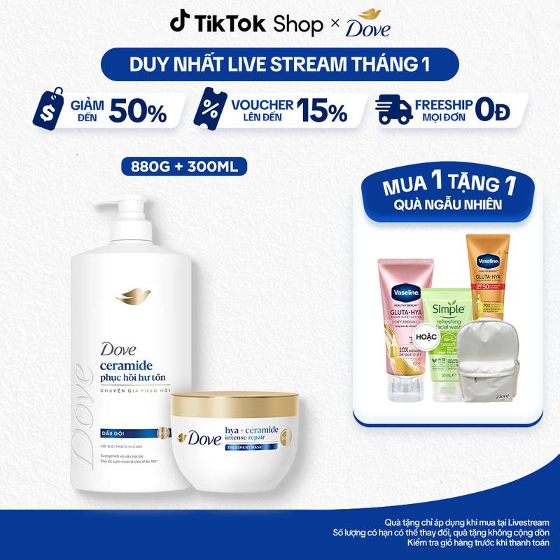 6 Combo 2 Dầu Gội Kem Ủ Dove Ceramide Hỗ Trợ Ngăn Gãy Rụng Phục hồi hư tổn 880g + 300ml