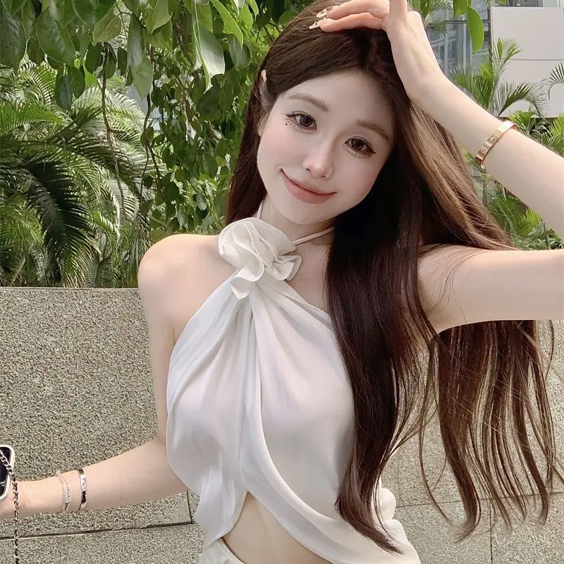 Áo Yếm Hoa Khâu Tay Ba Chiều Cho Nữ, Áo Mùa Hè Không Lưng, Thanh Lịch, Thiết Kế Đẹp, Ngắn, Giảm Béo, Cô Gái Nóng Bỏng Women Top