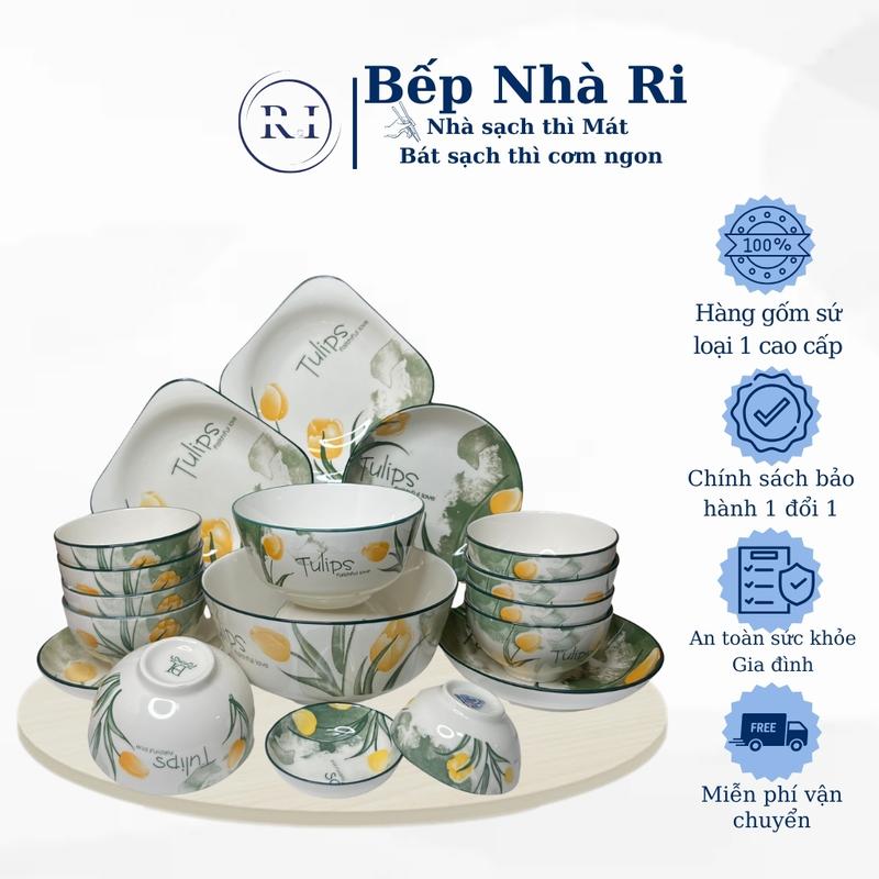 Bộ 21 sản phẩm Bát Đĩa Cơ Bản hoạ tiết Hoa TUYLIP -  gốm sứ loại 1 - decor thức ăn siêu xinh ( BẾP NHÀ RI) RTL21 bat  dia