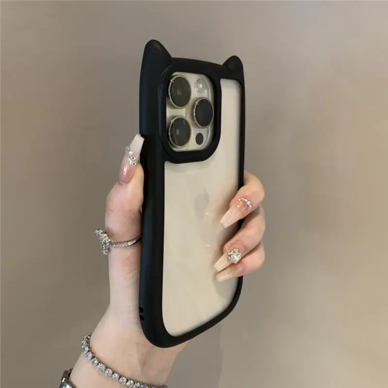 Ốp Trong Suốt Tai Mèo, Thiết Kế Dễ Thương, Tương Thích Với iPhone 16, 11, 12, 13, 14, 15, 16, Pro Max Và Pro Max Plus, Ốp Lưng Acrylic Cứng Chống Sốc, Silicon Mềm, Kawaii Funda 0