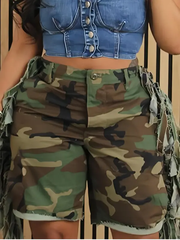 Women's Camo Print Fringe Trim Button Fly Shorts, Casual Pocket Design Shorts for Summer, Fashion Women's Bottoms for Daily Wear 0