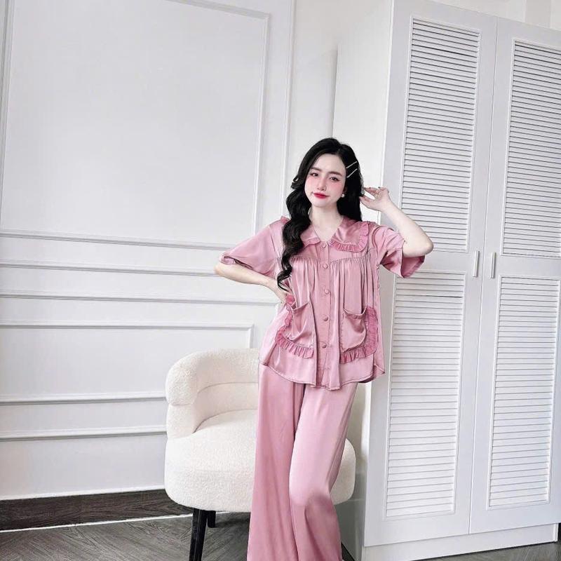 Bộ Babydoll Mặc Nhà Áo 2 Túi Nút Bọc Phối Viền Voan Tơ Quần DÀI có túi Chất Lụa Latin (Free Size 50-70kg) Women Nữ