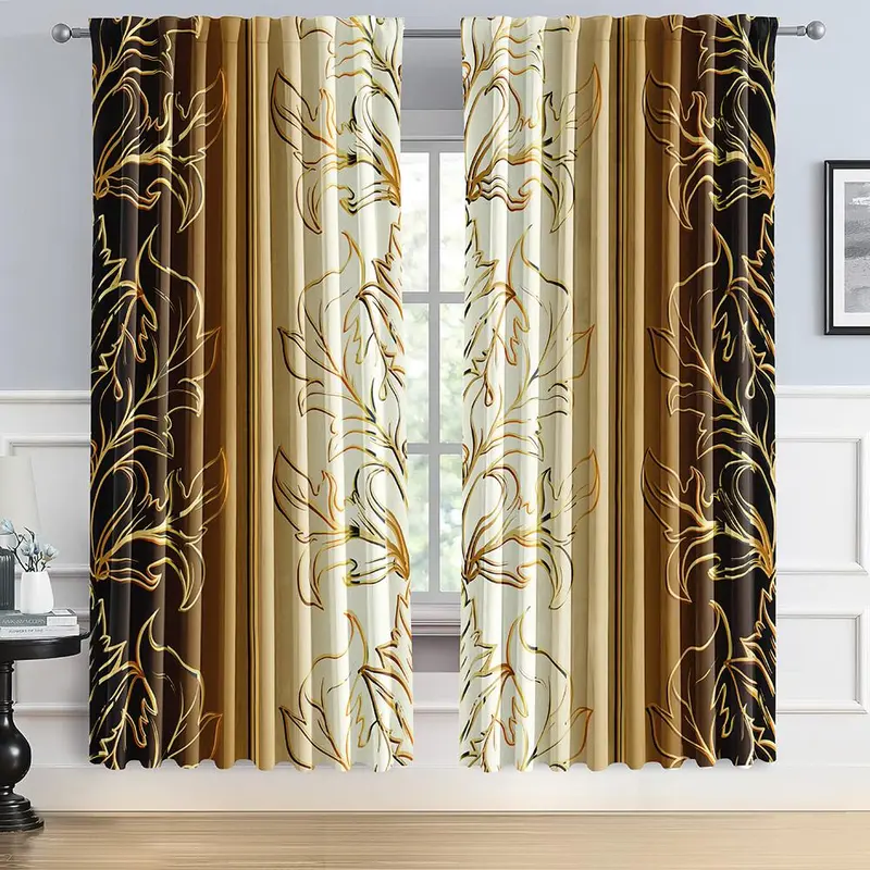 Leaf Print Curtain, 2 Counts/set Classic Style Window Drapes, Home Decoration for Living Room Bedroom Study Room, Home Decor 4