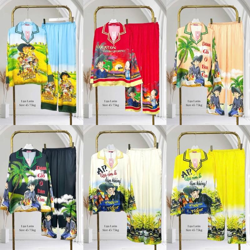 Đồ bộ pijama hoạ tiết vải lụa latin có bigsize 60-75kg quần có túi Nữ Women