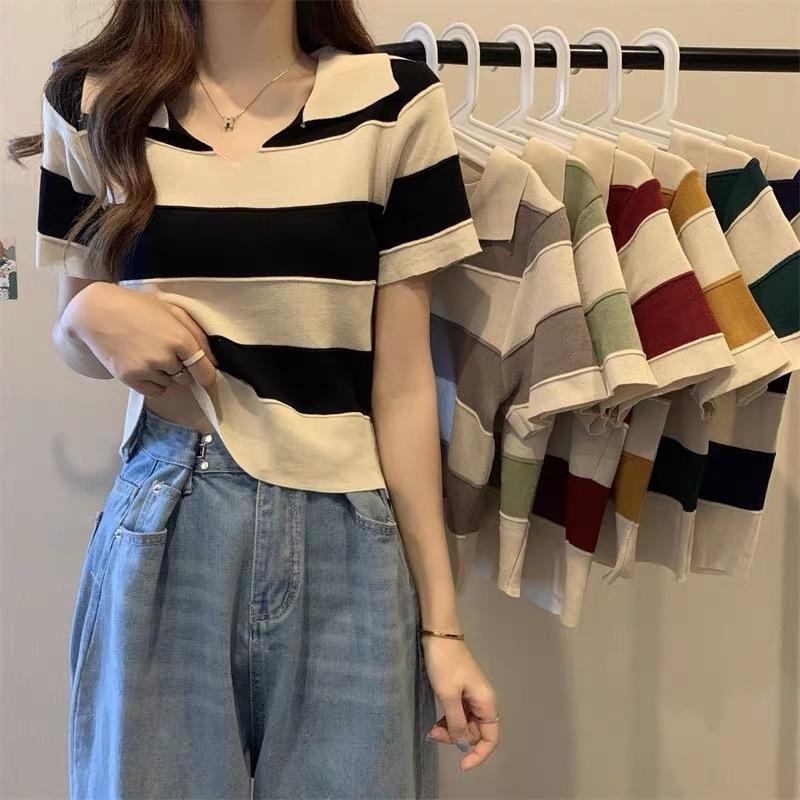 Áo polo dệt kim kẻ ngang nữ tay ngắn len mongtoghi, Áo thun kiểu cổ bẻ from rộng hàng phong cách ulzzang Hàn Quốc