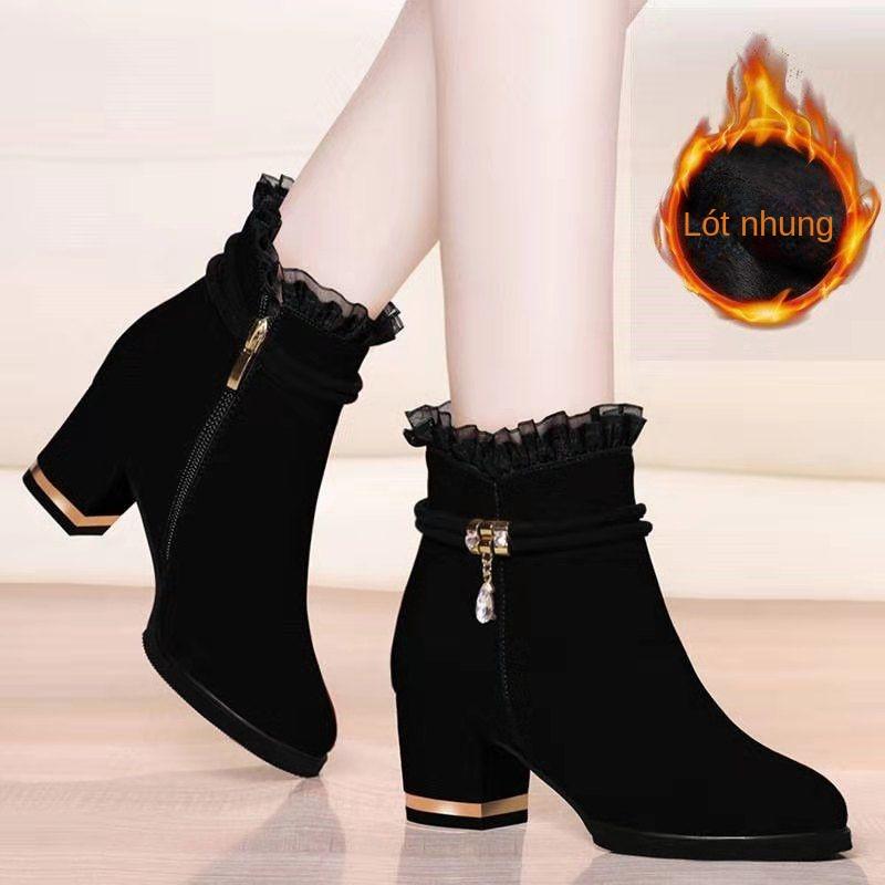 Bốt Ngắn Da Lộn, Bốt Nữ, Gót Khối, Lót Lông Cừu, Dây Buộc Bên Dễ Phối Đồ Có Khóa Kéo Bên Hông, Bốt Cao Đến Mắt Cá Chân, Thích Hợp Cho Mùa Xuân, Mùa Thu Và Mùa Đông, 2024 6