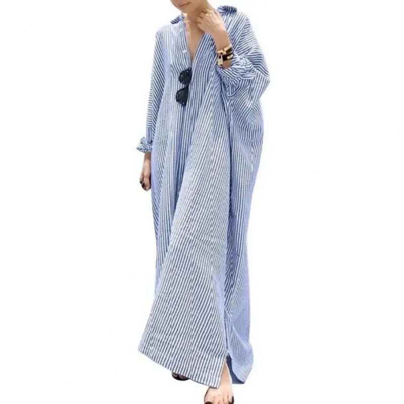 Product Introduction of New Elegant Striped Cardigan Loose Dress Womens Lapel Long Sleeve Long Shirt Dress Ladies Stripe Print Button Up Cardigan Dress 14