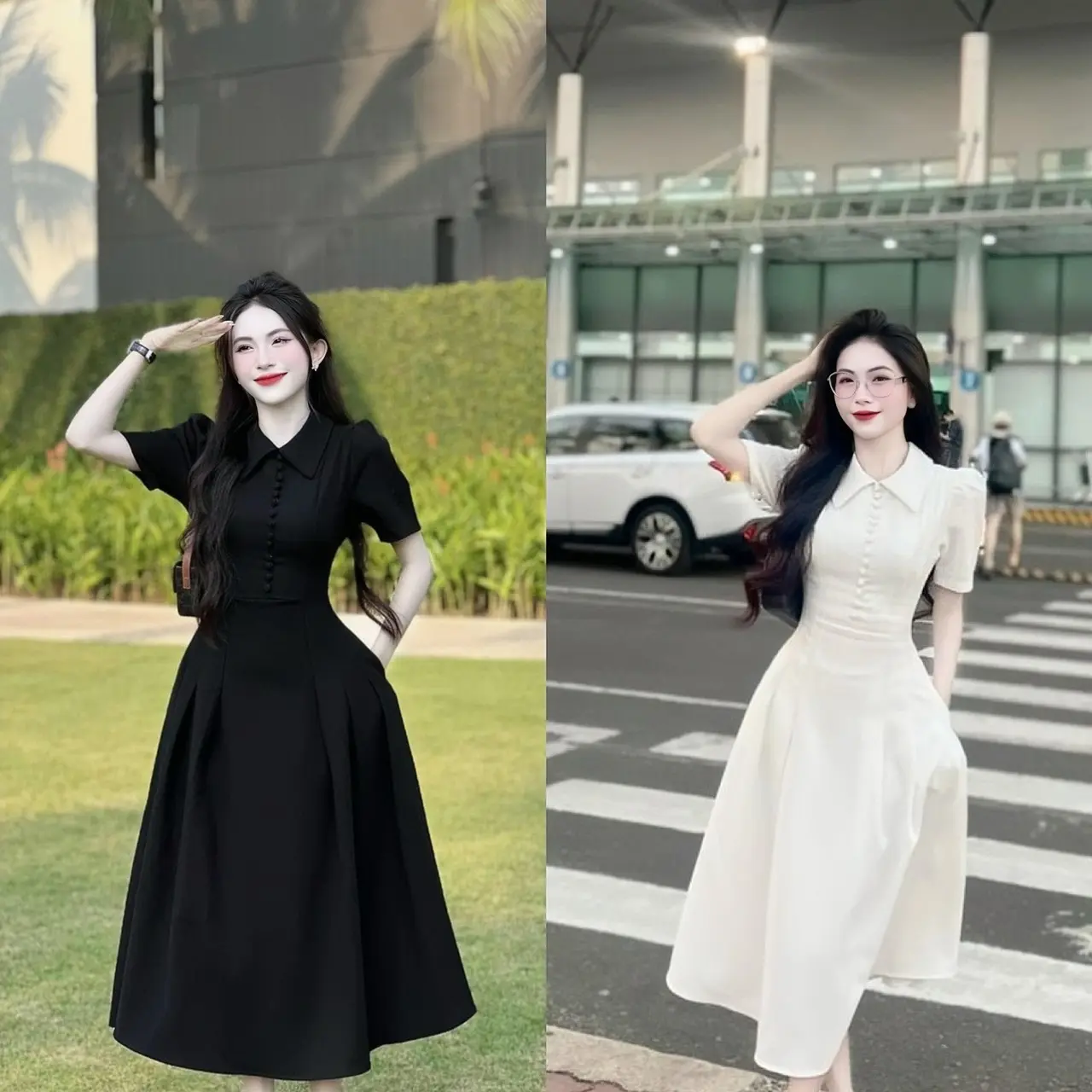 Đầm Váy Nữ Áo Tay Ngắn Cổ Polo Đính Nút Phối Túi Bên Hong Xinh Xắn Dành Cho Các Nàng Diện Đi Chơi Women Dress Nhung Voi Màu Đen