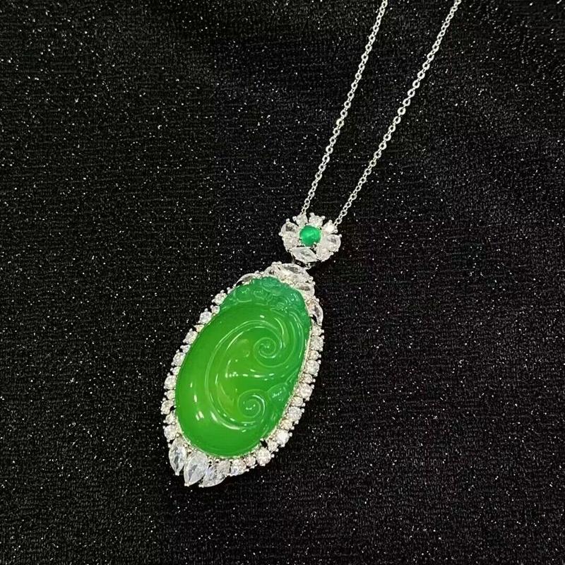 Product Introduction of Silver-plated inlaid agate white chalcedony ruyi pendant green agate female jade necklace pendant 9