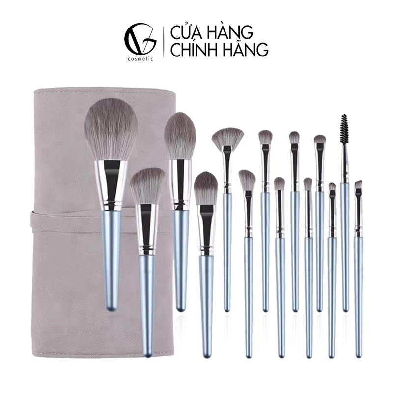 Bộ cọ trang điểm cá nhân GUVIET Cosmetic set 14 cây màu xám bạc có bao da