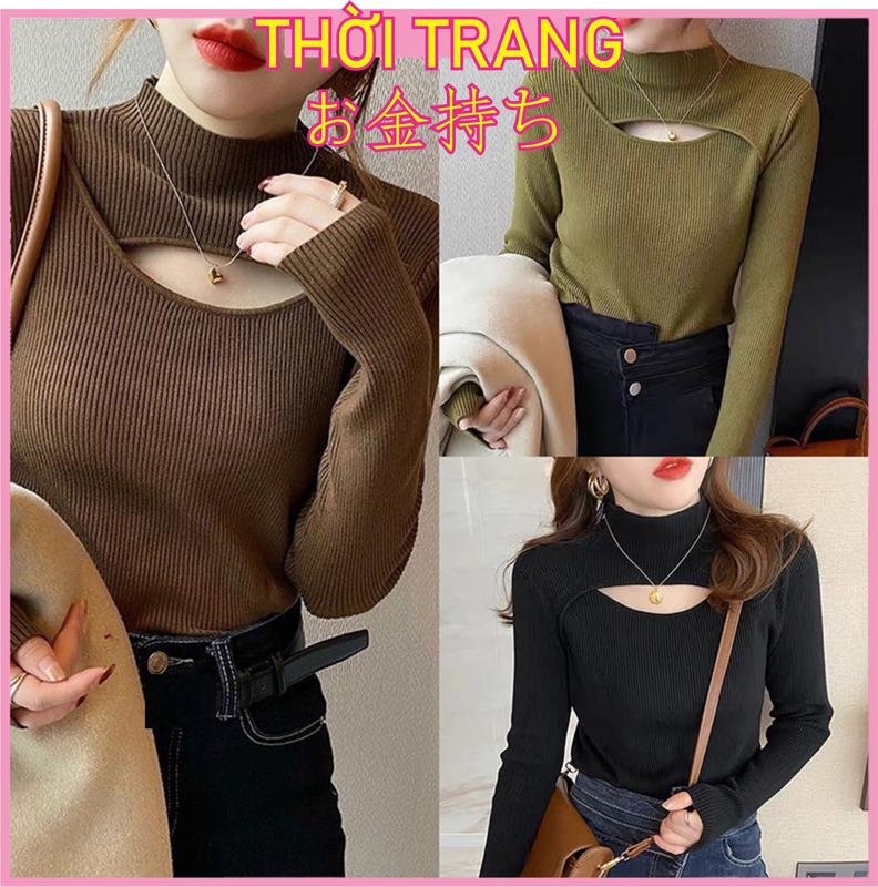 Áo len dài tay nữ khoét ngực nữ cổ lọ dáng ôm dệt kim len gân dày dặn phong cách trẻ trung 503