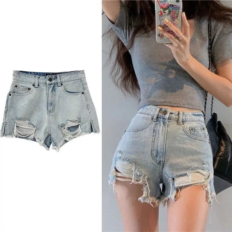 European and American Ripped Leisure Distressed Raw Hem Jeans Short High Waist Hot Pants Sheath Butt-Lift Underwear Street Hip-Hop Pants Women