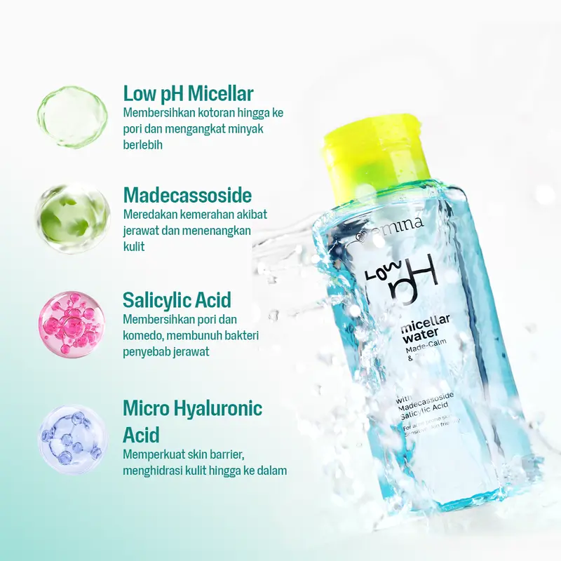 Emina Low pH Micellar Water Complete Series - Kering dan Kusam, Berminyak dan Berjerawat, Kulit Sensitif 125ml & 300ml | Pembersih Wajah Gentle Makeup Remover Double Cleansing Acne Skin Mencerahkan Menghaluskan Brightening Glowing 5
