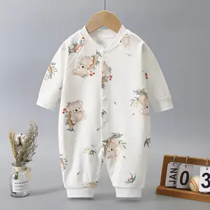 MIBABY Jumper Bayi Perempuan/Jumpsuit Newborn Lengan Panjang Kancing Tengah Bahan Katun/Romper Laki Laki Kain Lembut