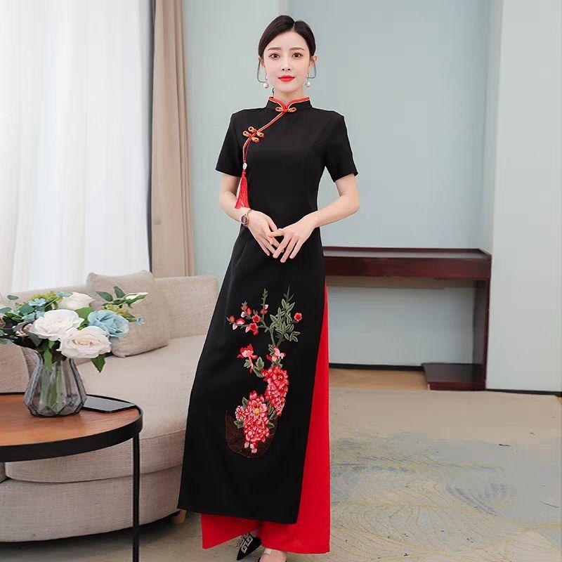 Product Introduction of Authentic Ethnic Style Vietnamese Ao Dai Cheongsam Catwalk Improved Performance Costume for Young Women Long Two-Piece Set Cheongsam Dress Traditional 3