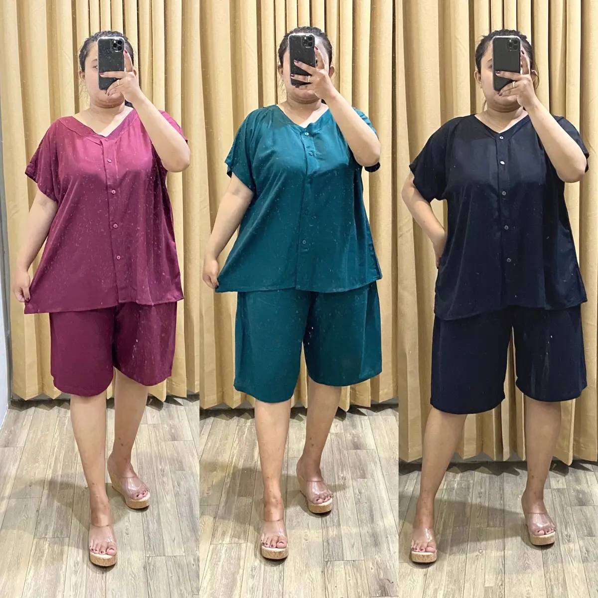 PIYAMA JUMBO LD130 POLOS| SETELAN WANITA POLOS | BAJU TIDUR WANITA | PIYAMA JUMBO | PIYAMA VNECK JUMBO BAHAN RAYON PREMIUM | ONESET RAYON JUMBO PREMIUM DEWASA LD 130 | SETELAN V-NECK FULL KANCING RAYON Celana Pendek