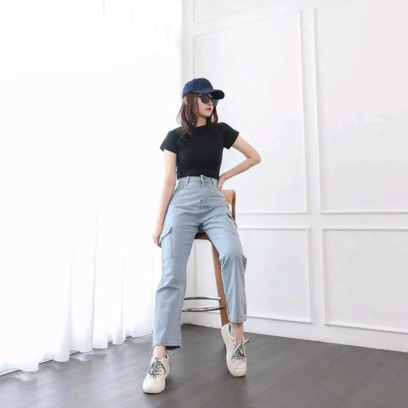 Celana Jeans Wanita Cargo Korea Style Highwaist Loose Viral Nyaman Santai