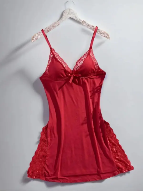 Plus Size Solid Color Lace Trim Split Thigh Design Cami Nightdress, Soft Comfortable Nightgown for Women, Women's Sleepwear for All Seasons 4
