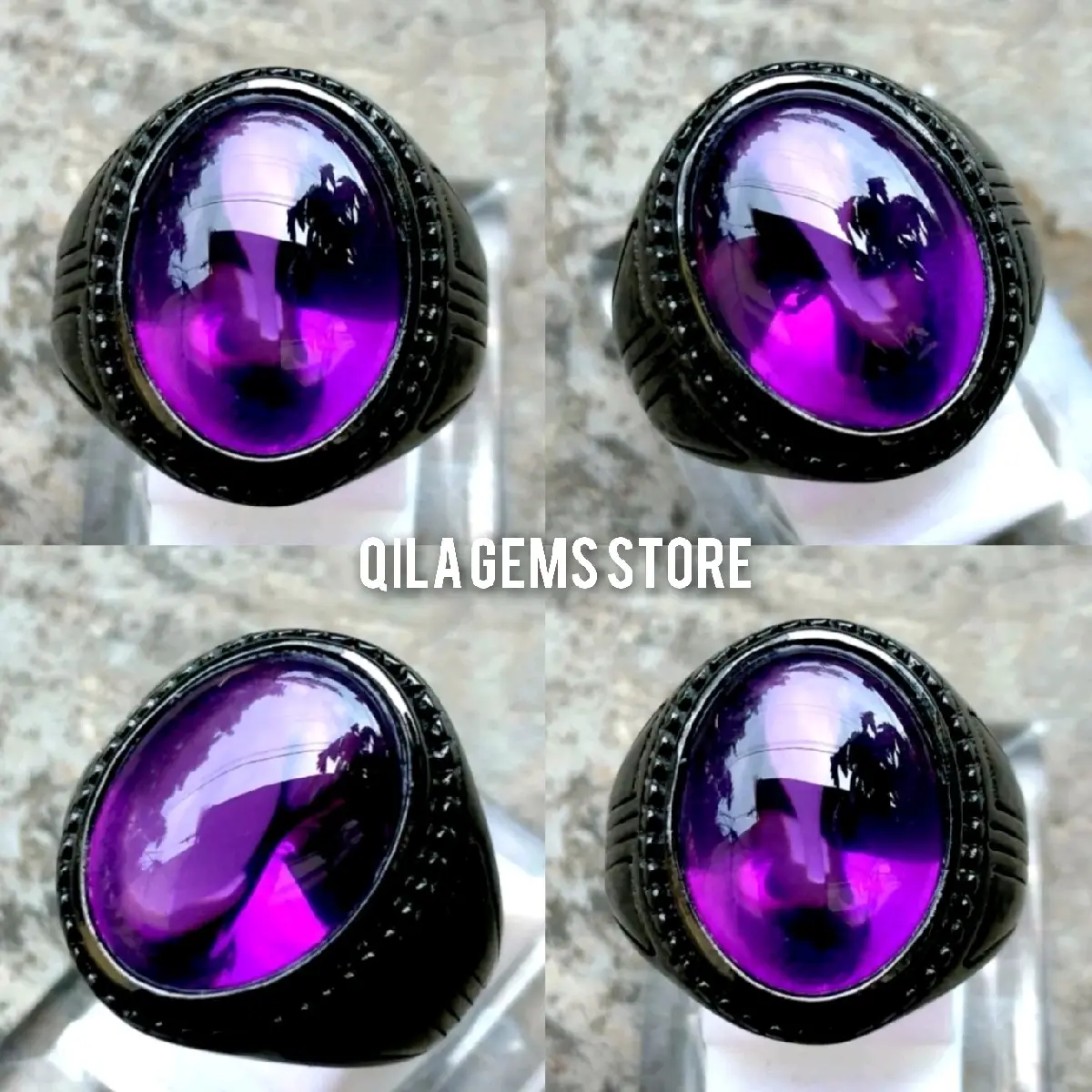Cincin Pria Batu Permata Purple Bungur Tanjung Bintang Top Crystal Ring Titanium Black