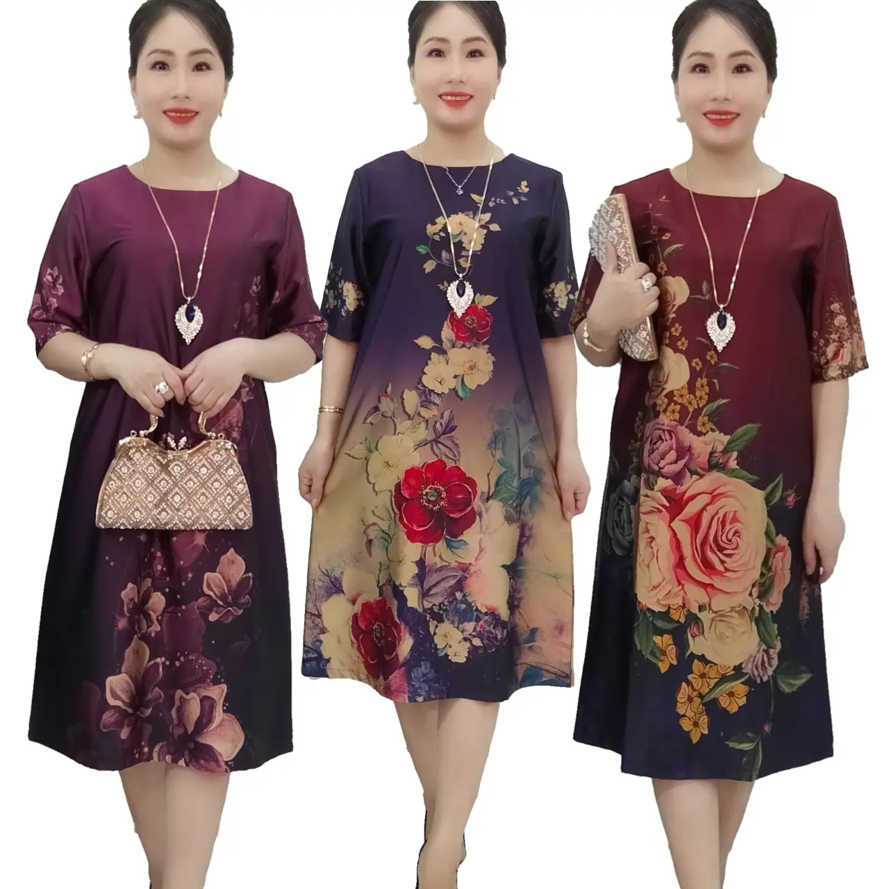Váy đầm trung niên Dáng suông  fom che khuyết điểm ,được thiết kế chất liệu vải LỤA Thượng uyển in hoa 3D  mềm mịn thoáng mát dành cho tuổi trung niên Nữ Women Dress lụa