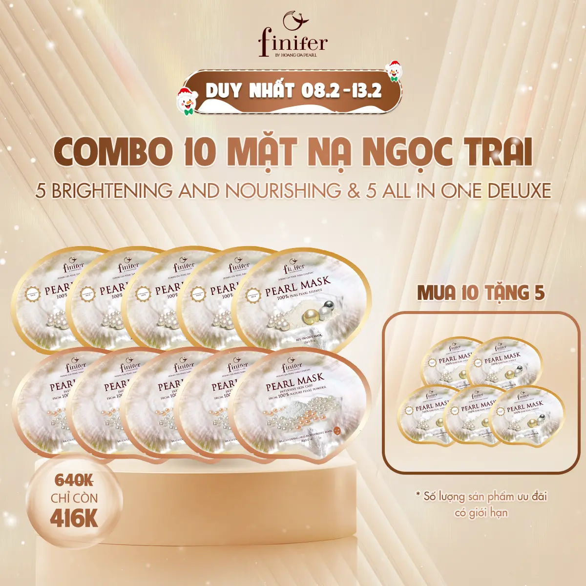 [COMBO 10] Mặt Nạ Ngọc Trai Finifer - Dưỡng Ẩm, Căng Bóng & Sáng Da Toàn Diện - 5 Brightening & 5 All in One Deluxe(10x20g)