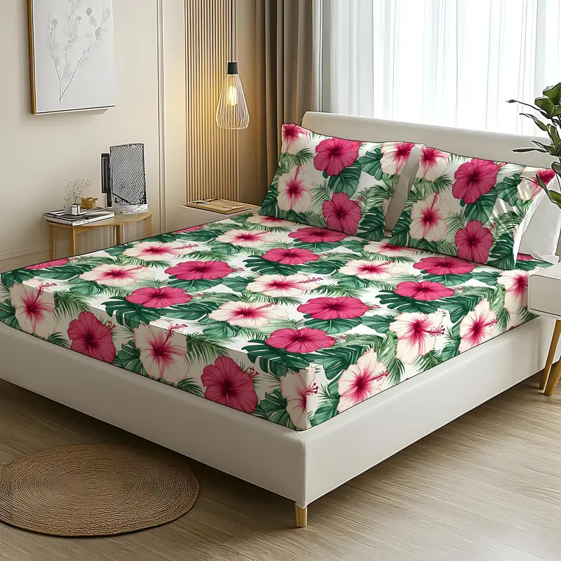 Floral Print Bed Set, 2/3 Counts/set Including 1 Fitted Sheet & 1/2 Pillowcases without Filler, Soft Comfortable Breathable Bedding Supplies for Home 7