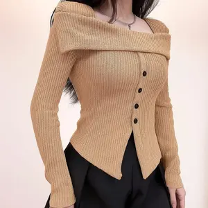 Sabrina Top Kancing Elegan Atasan Polos Knite Rib Panjang