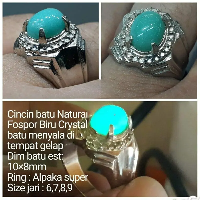 Cincin Batu Natural Fosfor Biru Crystal batu menyala di tempat gelap D8