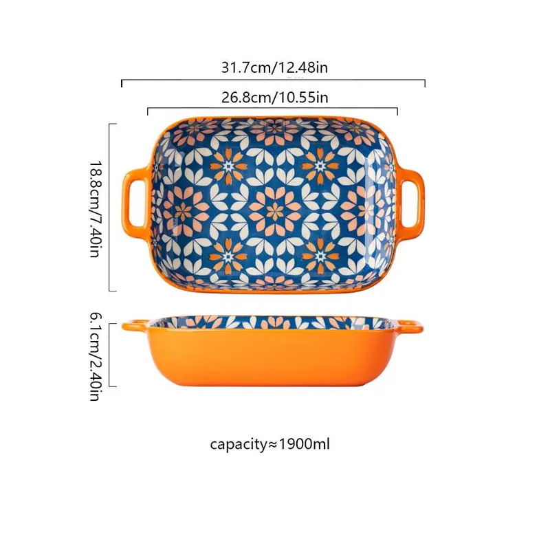 Floral Pattern Rectangular Baking Dish, 1 Count Double Handle Baking Pan, Baking Tray, Kitchenware for Home Use, Housewarming Gift 1