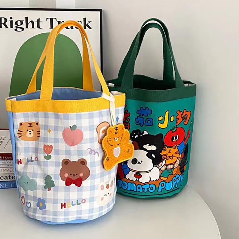 Túi Bucket Graffiti, Cầm Tay, Họa Tiết Động Vật Dễ Thương, Túi Hình Trụ In Hình Ins, Làm Bằng Vải Bố, Túi Đựng Hộp Cơm Bento, Túi Đựng Hộp Cơm Trưa Cầm Tay