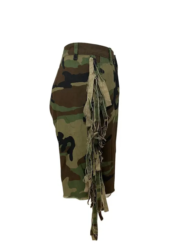 Women's Camo Print Fringe Trim Button Fly Shorts, Casual Pocket Design Shorts for Summer, Fashion Women's Bottoms for Daily Wear 2