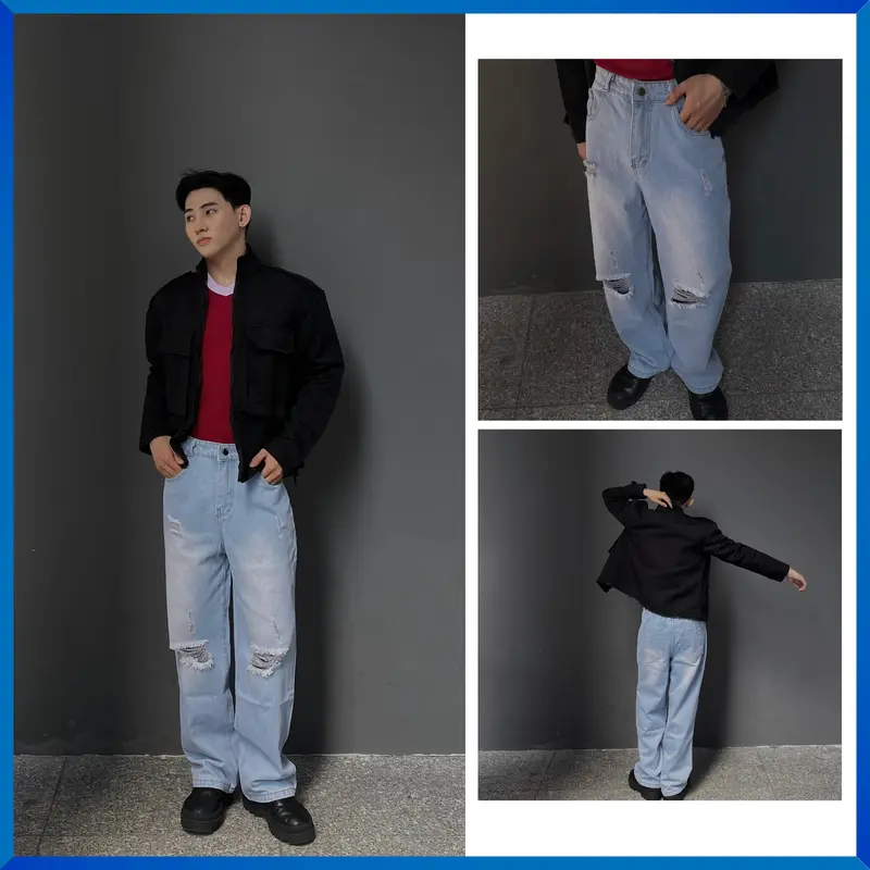Quần Jean ống suông nam nữ JEAN BOX 95 cạp nửa chun mặc thoải mái Menswear Pants Có Túi 4