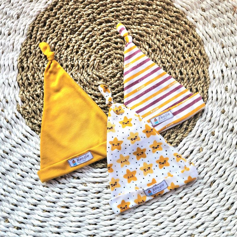 Topi Kuncung Bayi Arevy Babywear Isi 3 Pcs Seri Mustard Perlengkapan Bayi Newborn Topi Kupluk Motif Unisex 0-6 Bulan 2