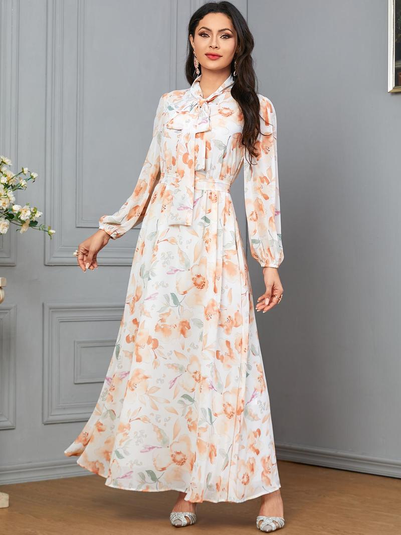 Product Introduction of Women's Floral Print Bishop Sleeve Tie Neck Long Dress with Belt, Elegant Modest Maxi Flowy Dresses for Spring & Fall, Ladies Kaftan Dress Clothes 17