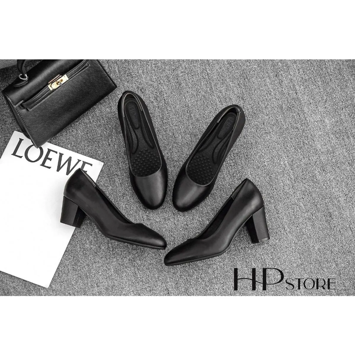 Giày Tiếp Viên [DA THẬT] Hàng Không Công Sở Văn Phòng Nữ Mũi tròn 5CM-7CM HP Store Cao Su Shoes
