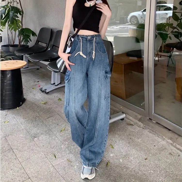 Celana Kerja Jeans Wanita Dengan Tali Serut Dan Banyak Kantong Denim Fit 1