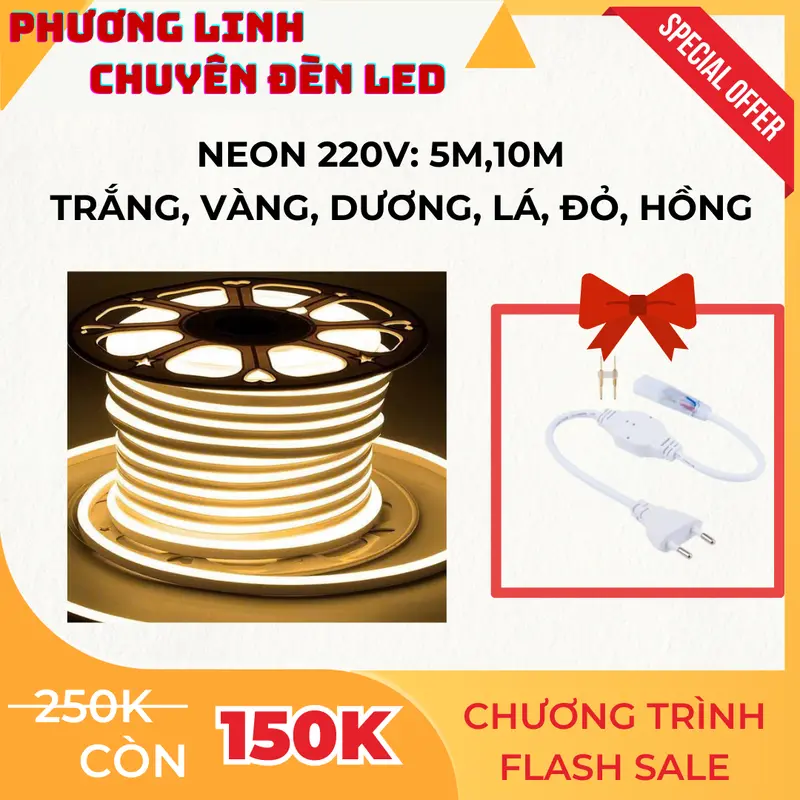 Combo 5M-10M Neon Dùng Điện 220V Kèm Nguồn Nhựa Silicon Chống Nước Dùng Trang Trí Trong Nhà Hoặc Ngoài Trời 0