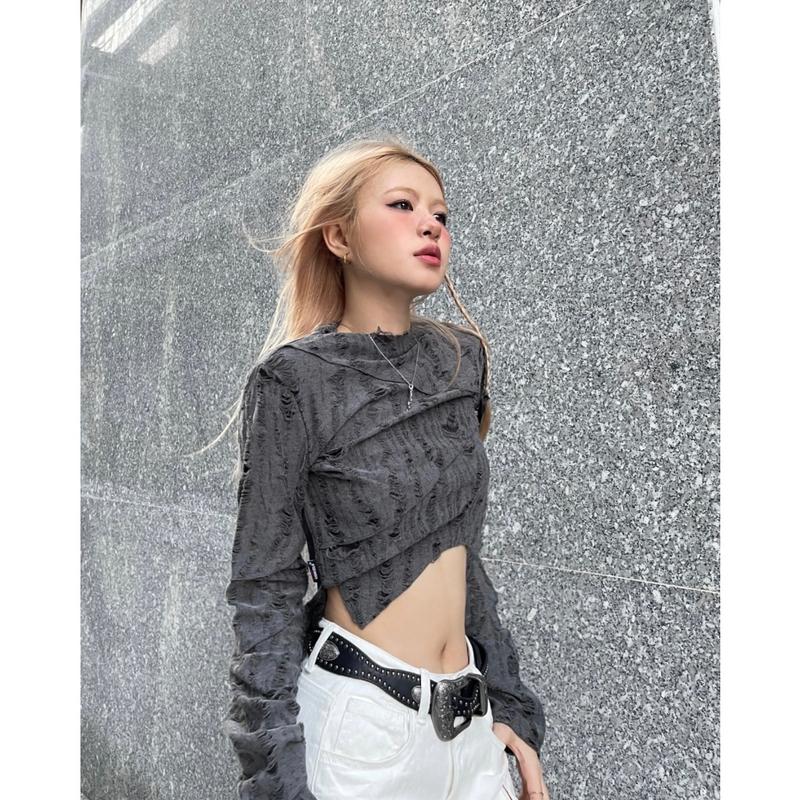 MORSELA chính hãng - Áo croptop nữ kiểu tay dài SMOKE cổ lọ nhúm tay cách điệu phong cách cá tính 4
